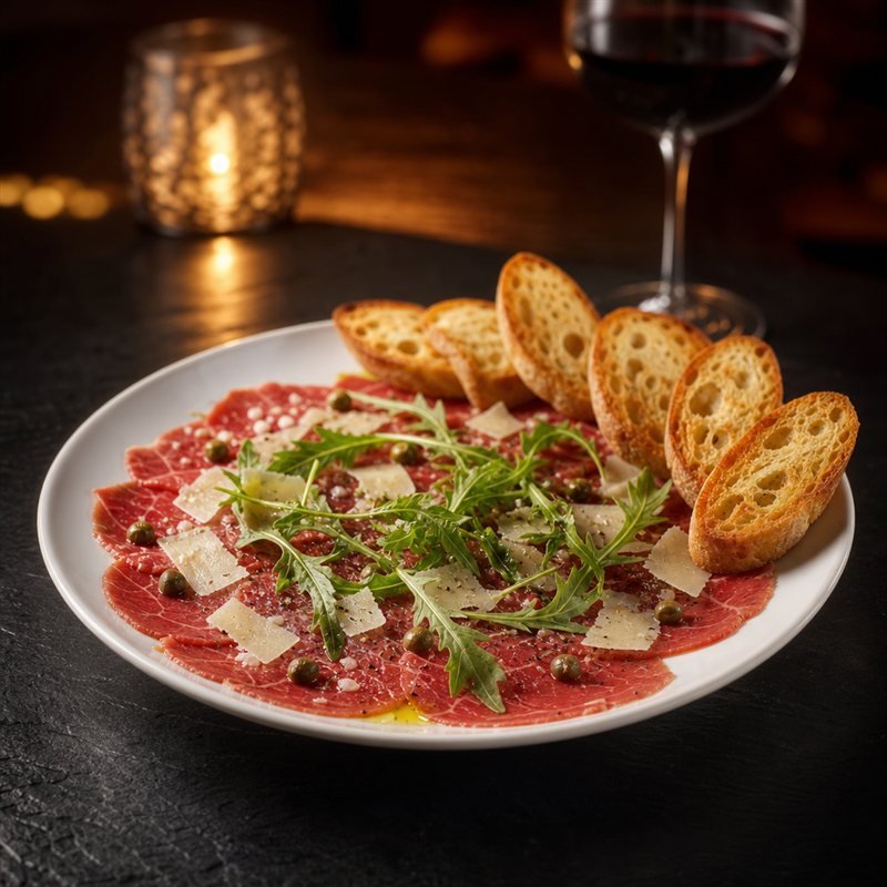 Plato de carpaccio con lascas de parmesano
