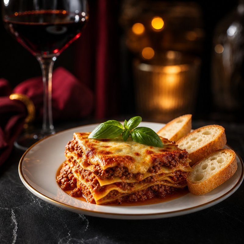 Lasaña a la Bolognesa con rodajas de baguette, ambiente lounge