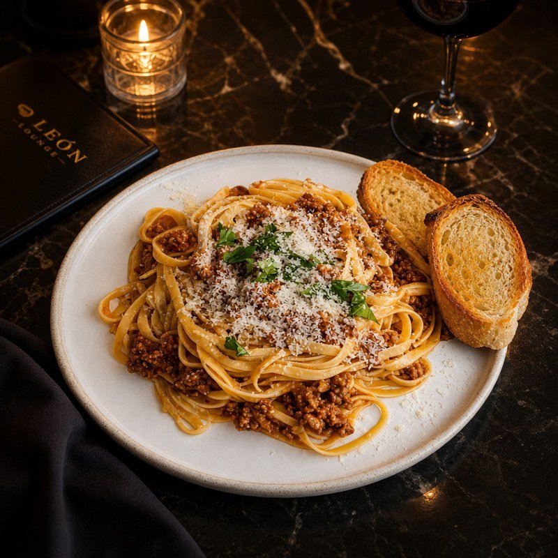 Linguini a la Bolognesa con parmesano, hierbas y rodajas de baguette, ambiente lounge