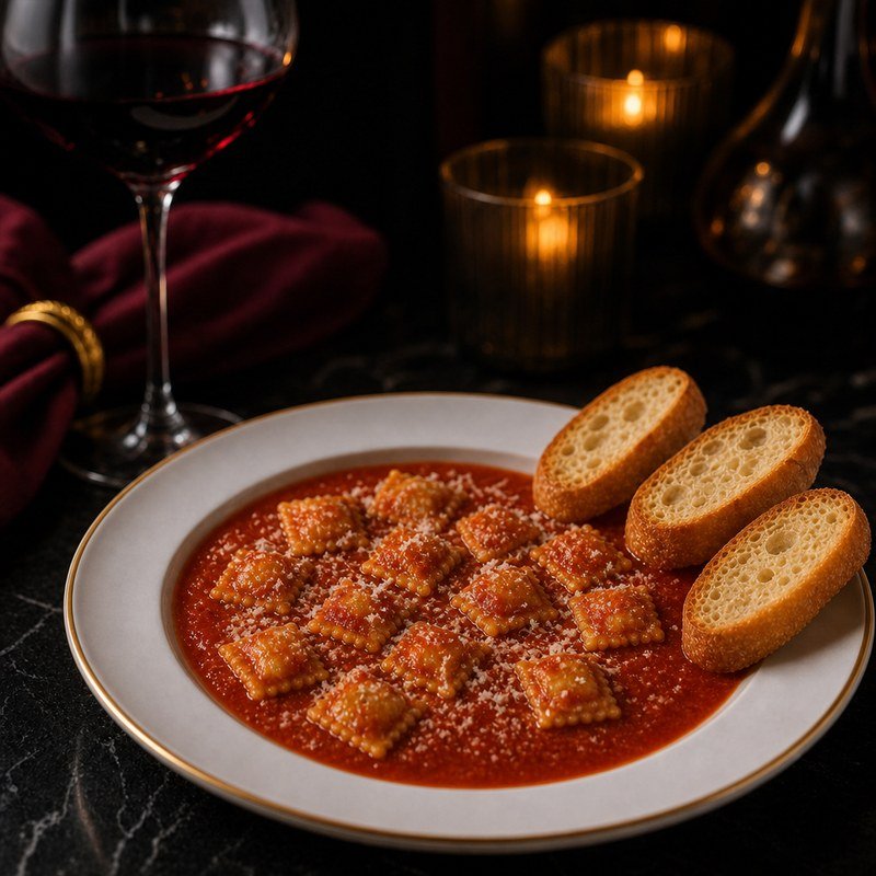 Ravioli de carne con salsa de tomate y rodajas de baguette, ambiente lounge