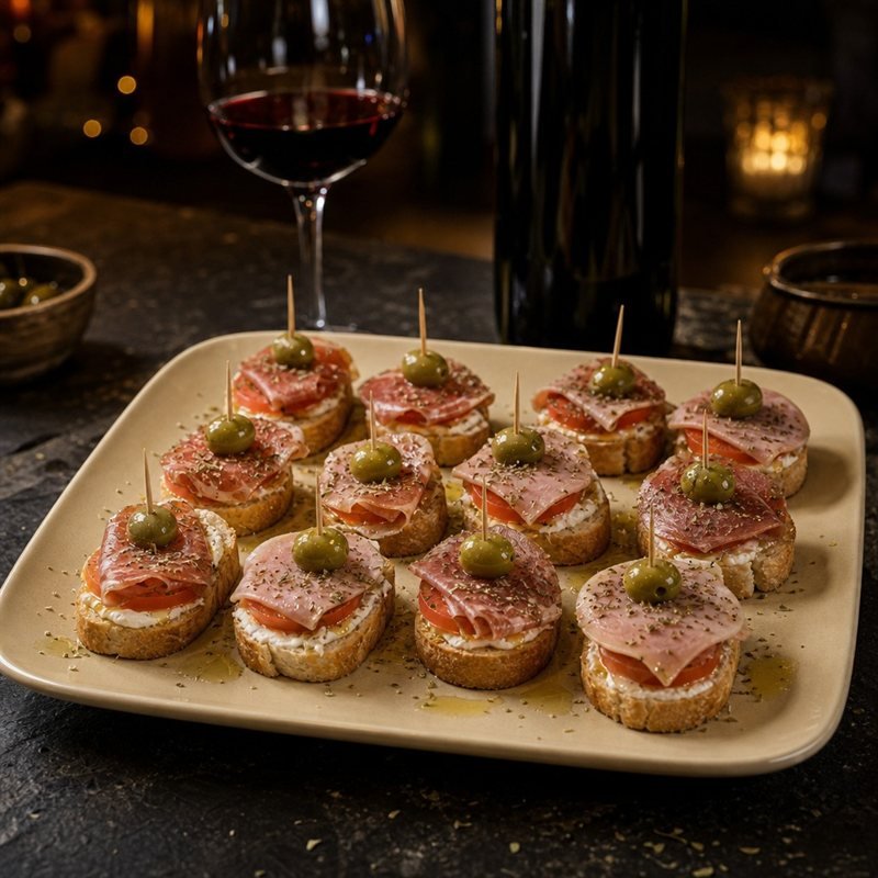Plato de tapas españolas: 12 montaditos de baguette con aceite de oliva, tomate, jamones y aceituna