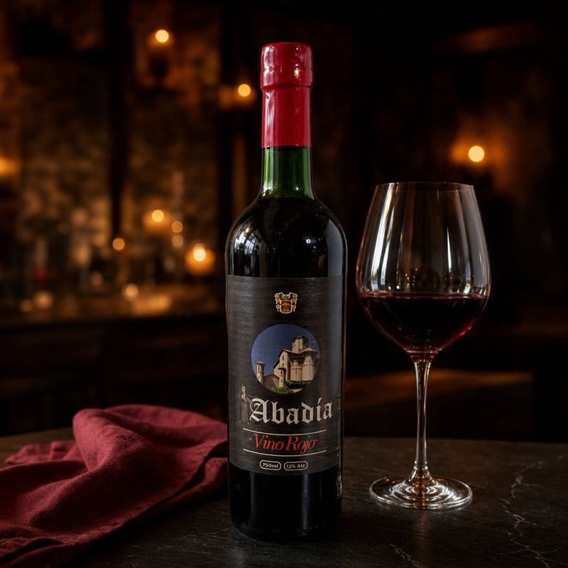 Botella de vino tinto Abadía Vino Rojo con copa