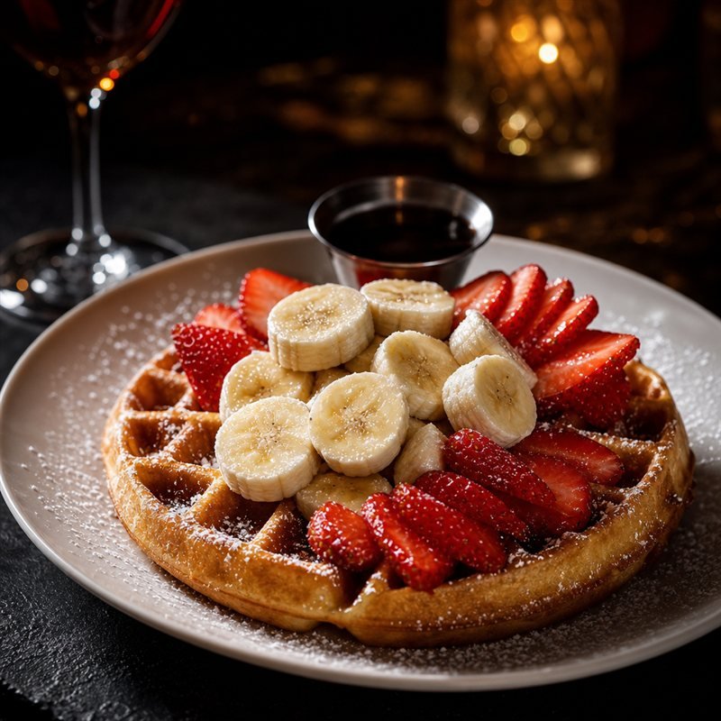 Wafle con fresas, banano, azúcar glass y miel