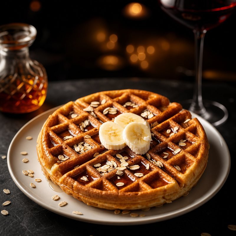 Wafle dorado con miel de maple y rodajas de banano